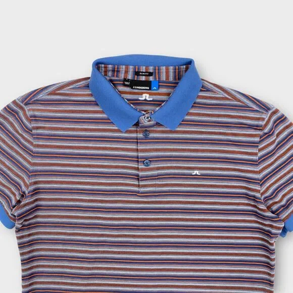 $115 J Lindeberg Polo Shirt Mens Large Striped Dev Slim Lux Pique Logo Golf - Picture 3 of 9